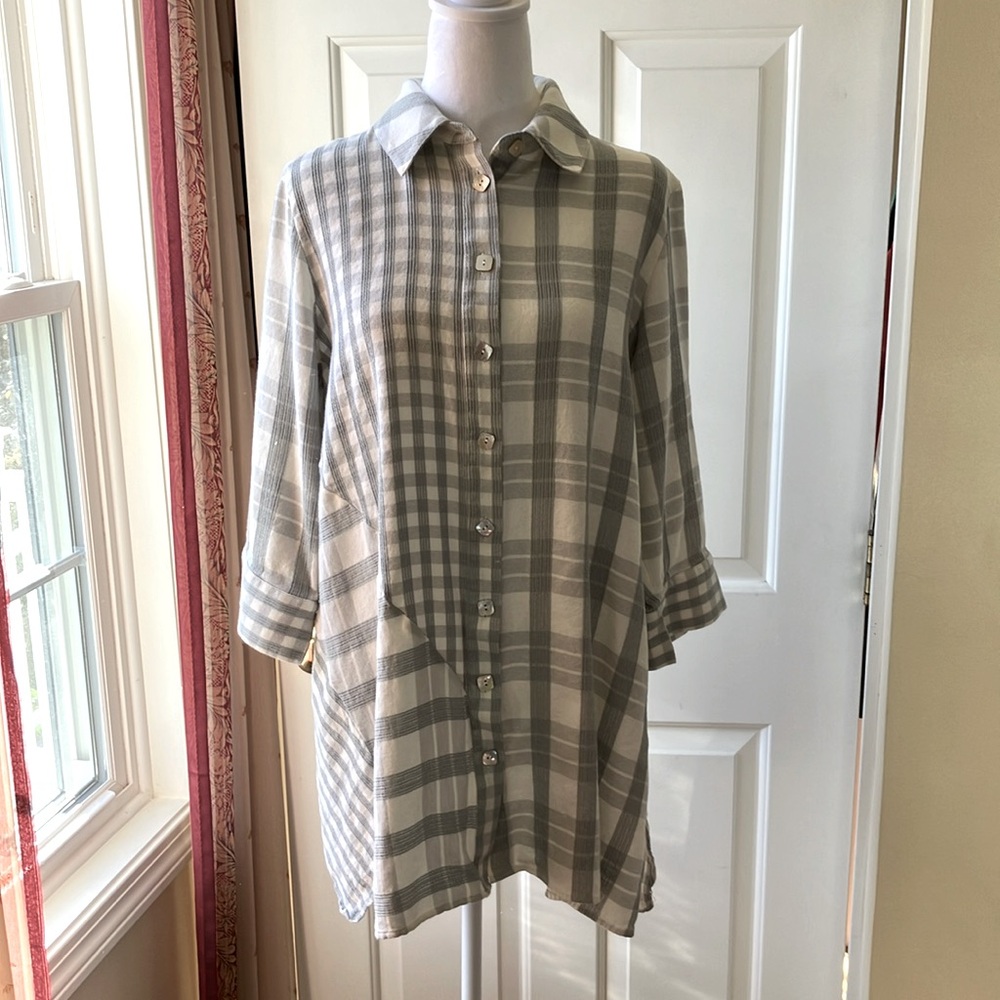 Soft Surroundings Huntleigh Plaid Tunic/Shirt Silver Sage Size L
